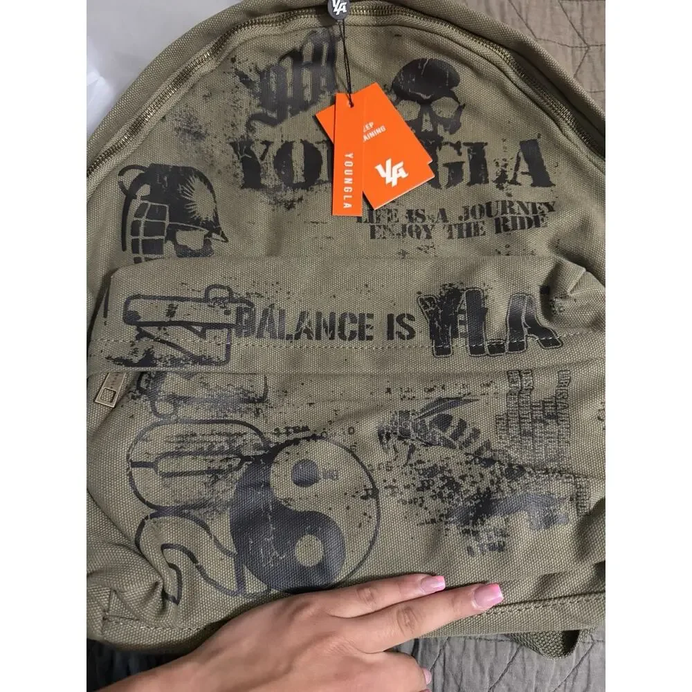 YoungLA Army green Graphic Print Zip Backpack Unisex Adults Shoulder Straps